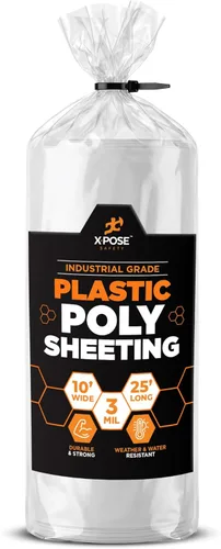 Xpose Safety Láminas de plástico transparente – Rollo de 10 x 25 pies – Hoja de polietileno resistente de 3 mil – Impermeable, a prueba de polvo,