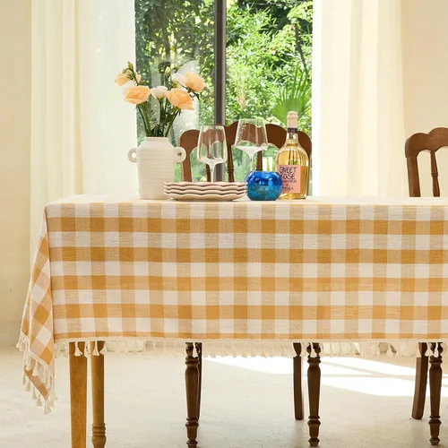 Midsummer Breeze Mantel rectangular rectangular a cuadros de búfalo para primavera y verano, cocina, comedor (55 x 84 pulgadas, amarillo y blanco)