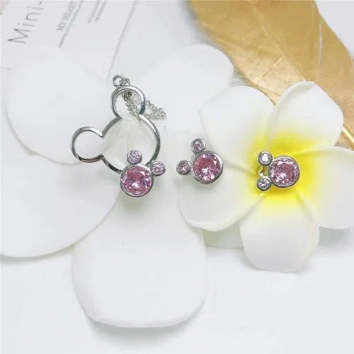 Miniatura 4 de Juego de joyas para mujeres y niñas, juego de collar y aretes de ratón chapados en plata S925, lindo aretes y colgante con circonita cúbica