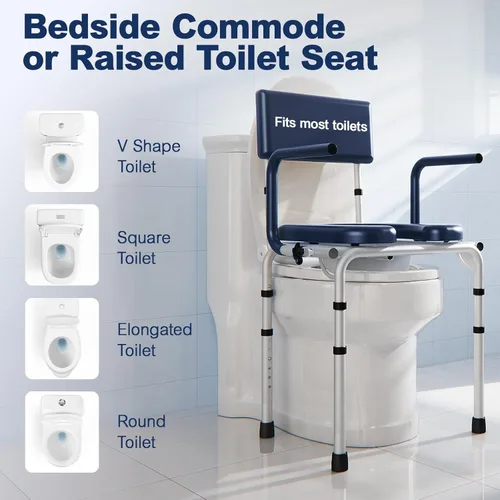 Miniatura 8 de Asiento sanitario plegable para el costado de la cama con brazo desplegable, inodoro con asiento acolchado y respaldo, capacidad de 136kg, cubo Azul