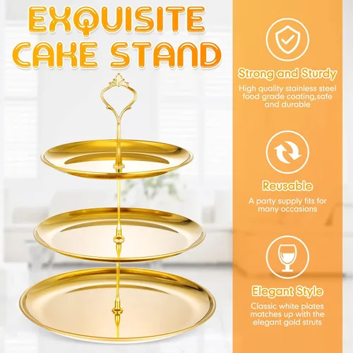 Miniatura 4 de Yaomiao Juego de 2 bandejas doradas de 3 niveles para servir con base de acero inoxidable para cupcakes, soporte para mesa de postre, juego