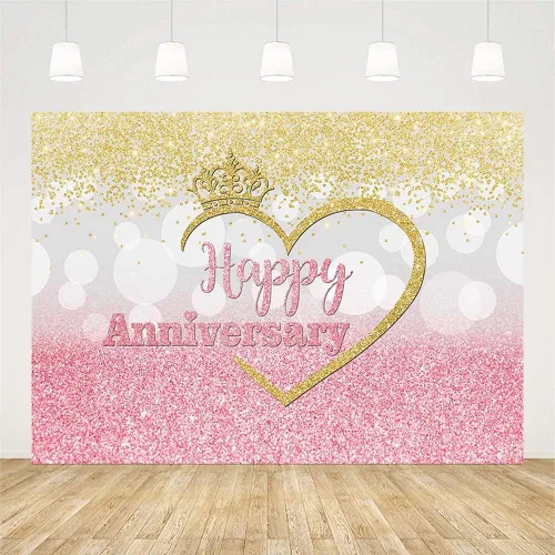 Miniatura 2 de Sendy Telón de fondo de feliz aniversario para parejas de 1 a 10 años 50 años, decoración de fiesta de boda, corona de fondo rosa, plateado y dorado