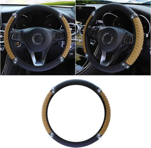 Funda de cuero suave para volante, 15 pulgadas, con diamantes de imitación coloridos y elásticos para mujeres y niñas, accesorios de automóvil para