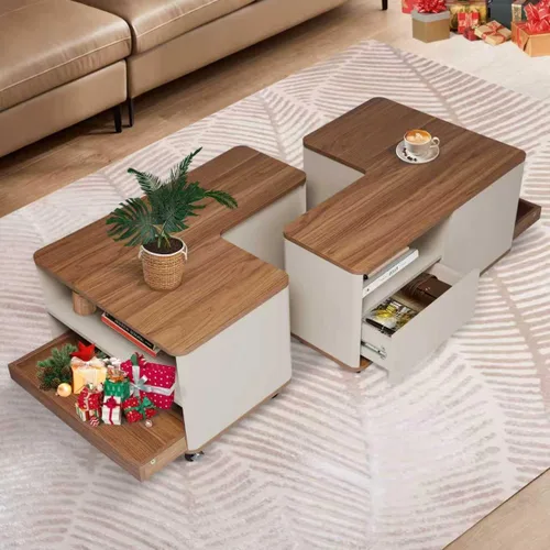 Miniatura 4 de Mesa de centro de granja con almacenamiento, mesa auxiliar rectangular de forma ajustable, mesa central con 8 ruedas y 2 cajones, mesa de centro