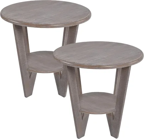 Miniatura 20 de COZAYH Mesa auxiliar redonda de granja con base de pedestal entrecruzada, mesa auxiliar con acabado envejecido, mesa decorativa rústica para sala