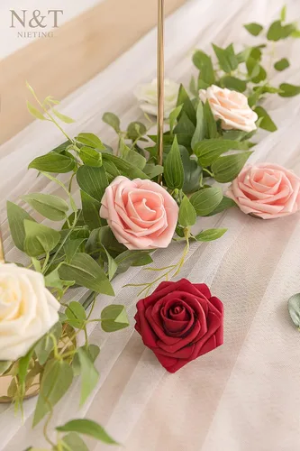Miniatura 464 de N&T NIETING Flores artificiales, rosas artificiales de color rosa intenso, 50 piezas de flores falsas con tallo para ramos de boda DIY, centros