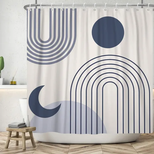 Miniatura 6 de Cortina de ducha moderna y bohemia, cortinas de ducha minimalistas estéticas azules de mediados de siglo para baño, cortinas de baño impermeables