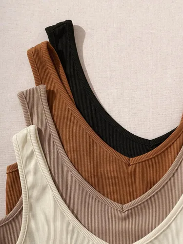 Miniatura 3 de SheIn Camiseta corta sin mangas con cuello en V para mujer de 4 piezas