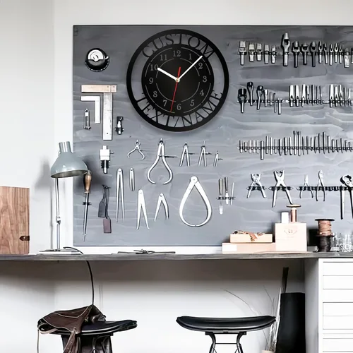 Miniatura 3 de Letrero de Reloj de Garaje Personalizado, Reloj de Pared de Metal para Garaje, Reloj de Pared de Herramientas de Reparación de Automóviles con Luz