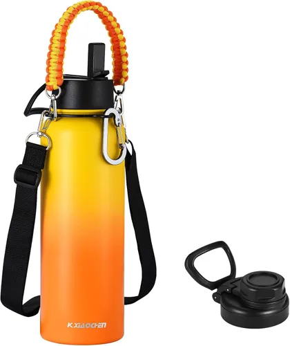 Miniatura 22 de KXIAOCHEN Botella de agua aislada, botella de agua de acero inoxidable, 2 tapas (con pajilla y tapa con asa), botellas de agua metálicas de boca