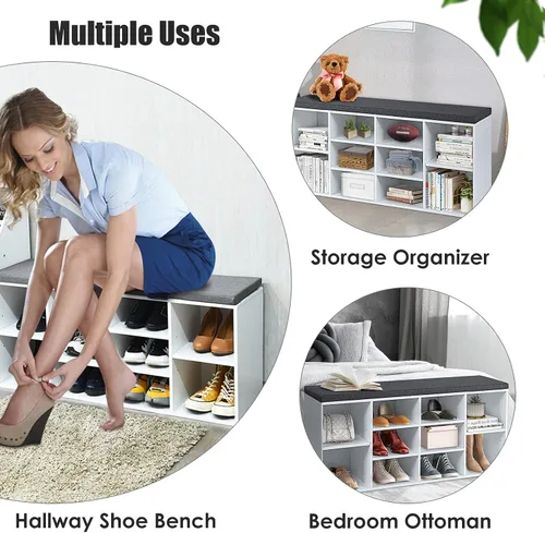 Miniatura 5 de DORTALA Banco de zapatos con cojines acolchados, armario de almacenamiento de 10 cubos con estantes ajustables, banco de almacenamiento de zapatos