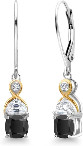 Gem Stone King Aretes colgantes de plata 925 y oro amarillo de 10 quilates con ónix media luna moissanita creada y diamantes cultivados en