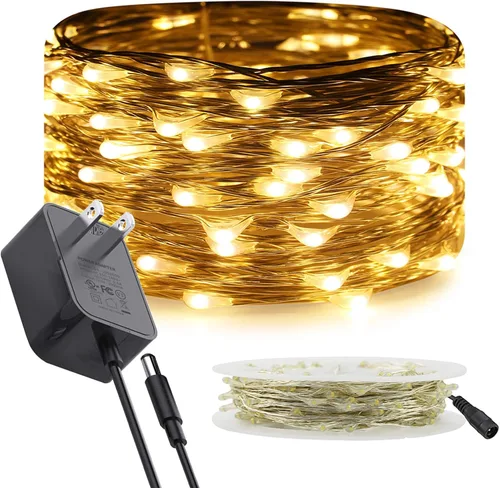 Miniatura 13 de RUICHEN Luces de Hadas de Alambre Plateado Enchufables de 33 Pies, Cadena de 100 Luces LED con Carrete, Azul Waterproof, Silver Coated Copper Wire