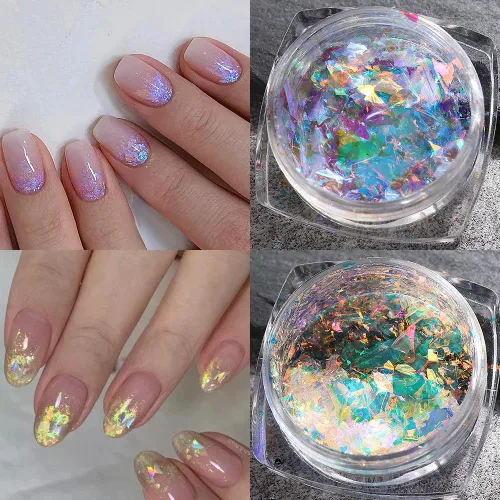 Miniatura 6 de Polvo de uñas cromado iridiscente, 6 cajas de copos de ópalo de fuego de cristal para arte de uñas, lentejuelas holográficas de sirena con purpurina