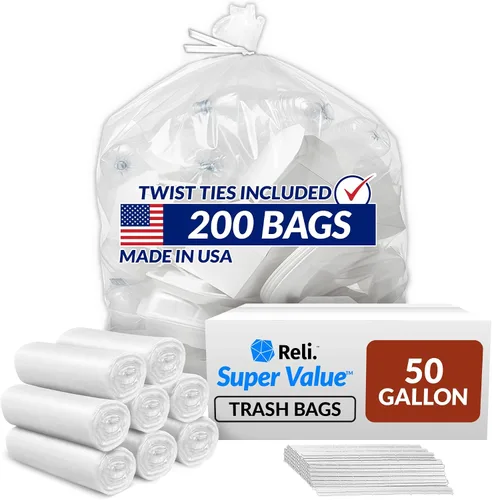 Reli. Bolsas de basura prémium de 50 galones, 200 unidades, fabricadas en Estados Unidos, resistentes, a granel, supervalor, bolsas de basura