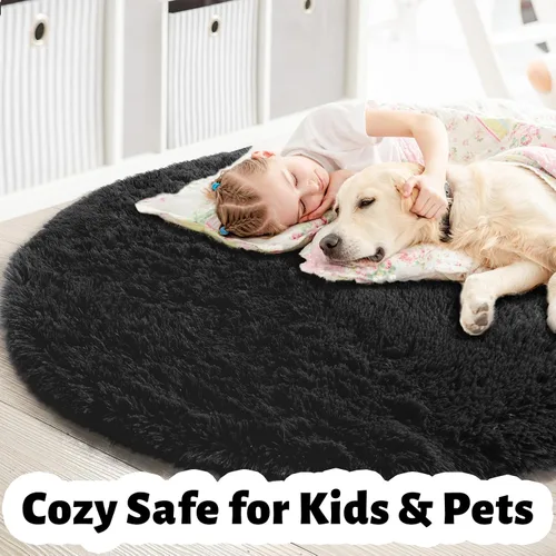 Miniatura 4 de Alfombra redonda pequeña negra de 3 pies para dormitorio, alfombra circular esponjosa para decoración de sala de estar, alfombra circular peluda