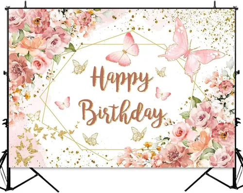 Miniatura 2 de Sensfun Telón de fondo floral de feliz cumpleaños para mujeres y niñas, mariposa rosa, fiesta de cumpleaños, fondo de fotografía, flores