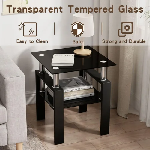 Miniatura 5 de Meihua Mesa auxiliar de vidrio para espacios pequeños, mesa auxiliar cuadrada de vidrio, mesita de noche moderna de 2 niveles con patas de metal