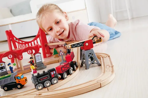 Miniatura 2 de Hape Steam-Era Tren de carga Juguete clásico de locomotora para niños negro y rojo con vagones de carga descargables