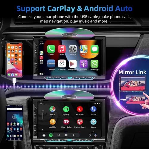 Miniatura 3 de Estéreo de auto doble DIN con Carplay y Android Auto, pantalla táctil HD de 7 pulgadas, compatible con reproductor de CD y DVD, Bluetooth, cámara