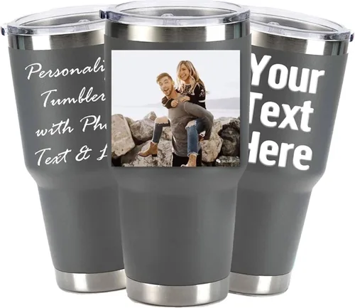 Miniatura 8 de Vaso de acero inoxidable con foto personalizada de 20 onzas / 30 onzas, taza de café personalizada con tapa y pajilla, taza aislada al vacío