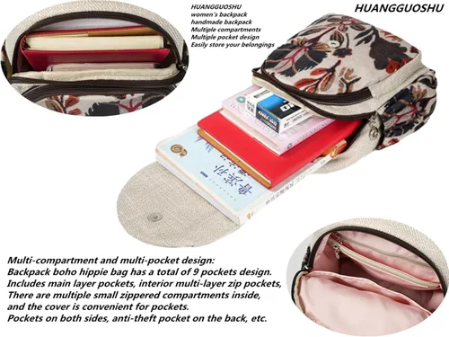 Miniatura 105 de HUANGGUOSHU Mochila de algodón tejida de algodón bohemio con bordado de lona estilo bohemio con múltiples bolsillos retro linda mochila cartera