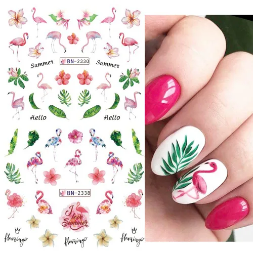 Calcomanías de arte de uñas de flamenco, calcomanías de transferencia de agua, decoración de uñas de verano, hojas de palma, flores, cactus, diseños