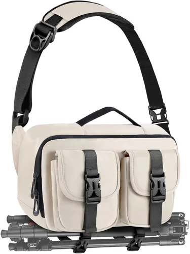 Bolso bandolera para cámara TAAOKA, bolsa para cámara DSLR con soporte para trípode, bolsa de hombro impermeable para fotógrafos (Beige)