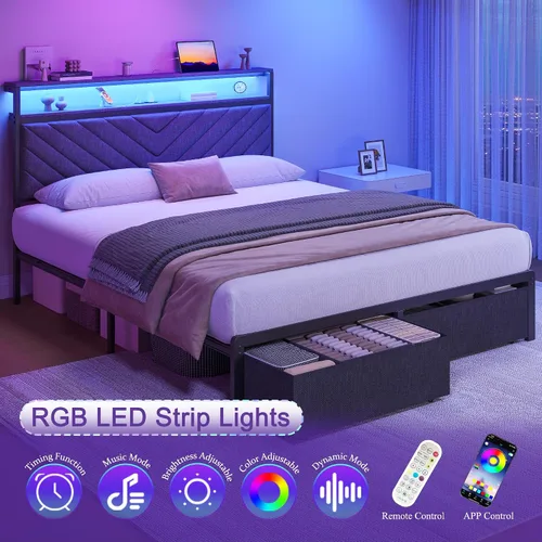 Miniatura 3 de Fluest Base de cama Queen con 2 cajones, cabecera tapizada con estación de almacenamiento y carga, luces LED, cajones de tela con ruedas