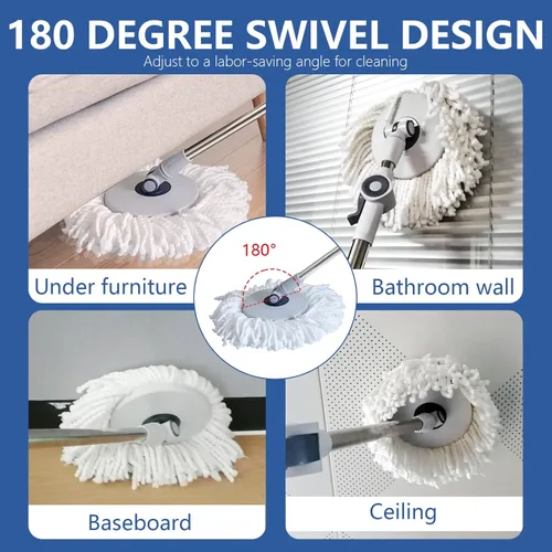 Miniatura 8 de Trapeador giratorio y cubo con escurridor en ruedas, sistema de cubo giratorio de 180° con 6 cabezales de repuesto de microfibra lavables, mango
