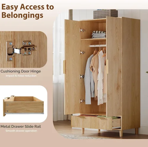 Miniatura 6 de VINGLI Armario Ropero Acanalado con Puertas y Cajones, Gabinete Armario con Barra para Colgar, Armario de Dormitorio de Madera de Roble, Armario