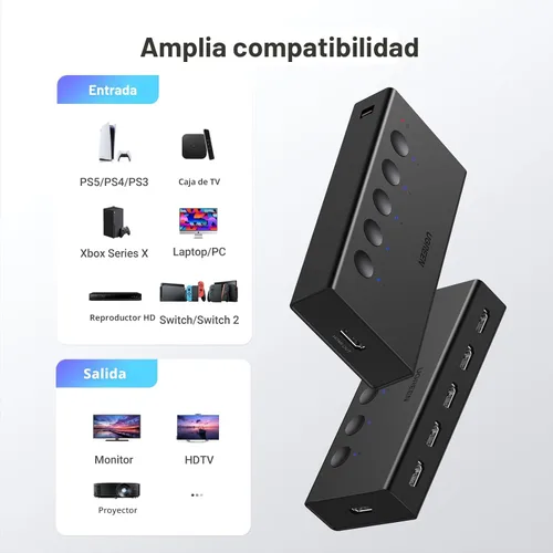 Miniatura 7 de UGREEN Interruptor HDMI 5 en 1 de Salida 4K@60Hz, Divisor HDMI con Caja de Selección de Interruptor de 5 Puertos Soporta 3D CEC HDR HDCP2.2 Negro