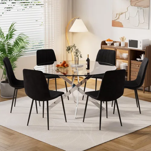 Miniatura 25 de Moderno juego de mesa redonda de vidrio para 4, 36 pulgadas, pequeña base negra de vidrio templado con 4 sillas de comedor minimalistas beige, juego