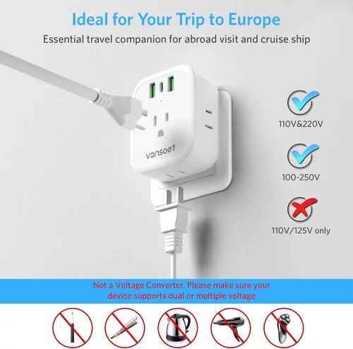 Miniatura 4 de [Paquete de 2] Adaptador de enchufe de viaje europeo, adaptador de enchufe internacional con USB C de 20 W, 4 tomas de corriente, 3 puertos de carga