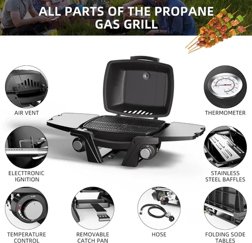 Miniatura 5 de Parrilla de gas portátil, parrilla de propano portátil, parrilla de gas propano, 24,000 BTU para exteriores, pequeña parrilla de barbacoa con dos
