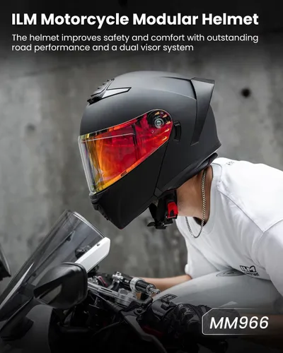 Miniatura 2 de ILM Casco modular de motocicleta para adultos, de cara completa, abatible, con doble visera, Street Bike Racing DOT modelo MM966