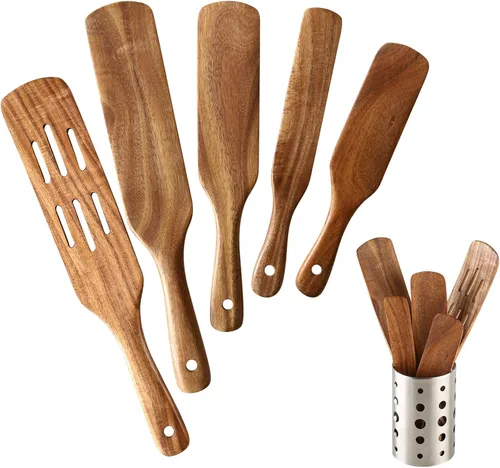 Juego de 6 espátulas de madera para cocinar, juego de 6 espátulas de teca natural con barril de almacenamiento de acero inoxidable, utensilios de