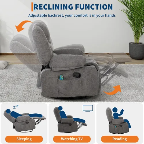 Miniatura 6 de Mecedora de masaje con vibración y calor, sillas mecedoras giratorias de felpilla de 360° para sala de estar, asiento de cine en casa con portavasos