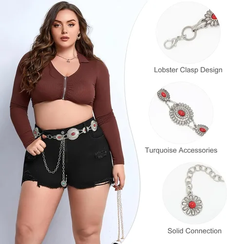 Miniatura 4 de WHIPPY Cinturón de cadena para mujer, correa de cadena de eslabones de metal, vaquera occidental, turquesa, para vestido