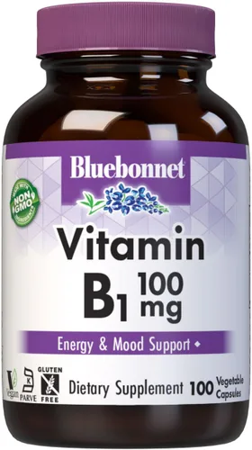 Bluebonnet Vitamina B1 100 mg – Apoyo al estado de ánimo y vitaminas energéticas para mujeres y hombres* – Tiamina HCl – Sin OMG, vegano, kosher,