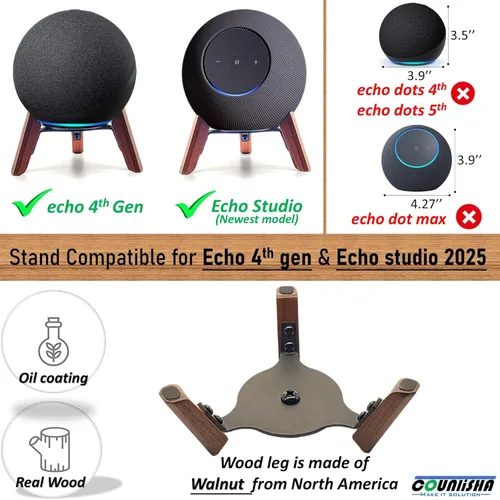 Miniatura 4 de Soporte de madera real para Echo Studio (nuevo modelo) 2025, Echo (4ª generación), altavoz casero, soporte de trípode de escritorio protege Alexa