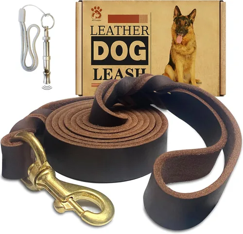 Correa de cuero para perro de 6 x 1 pulgada, correa trenzada de cuero genuino fuerte y resistente, suave y cómoda para perros grandes, perros Marrón