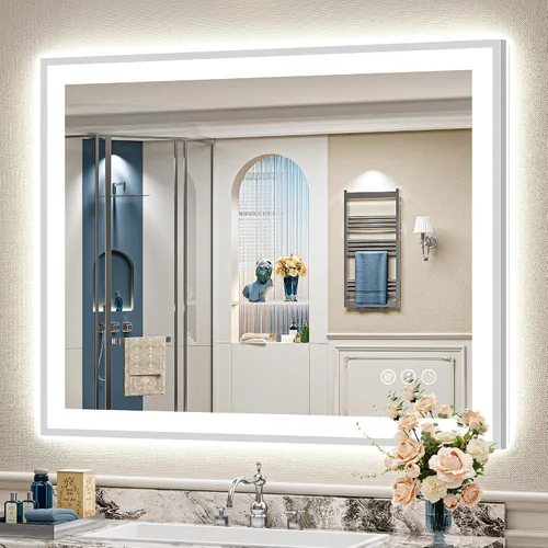 Miniatura 78 de 24x30 Espejo de baño LED con marco negro con luces, retroiluminado + iluminación frontal, espejo de tocador iluminado antivaho para pared de baño