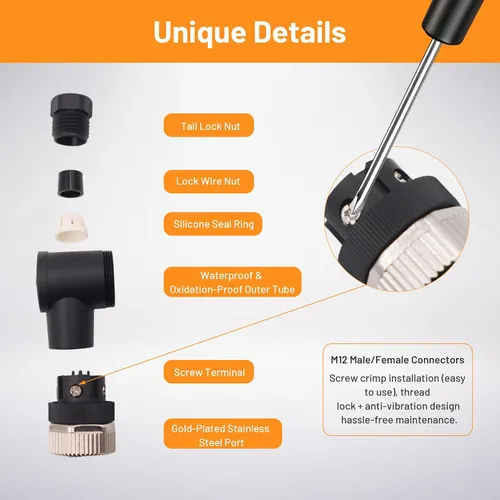 Miniatura 2 de Elecbee M12 4-Pin A-Coded Hembra Conector de la prenda impermeable IP67 de la terminación de la junta de tornillo de ángulo recto no blindado