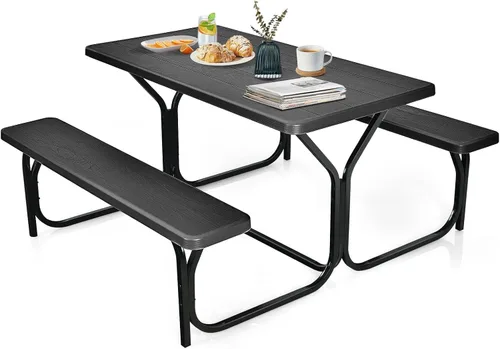 Miniatura 8 de HAPPYGRILL Juego de mesa de picnic al aire libre con marco de metal y superficie resistente a todas las condiciones climáticas, juego de mesa