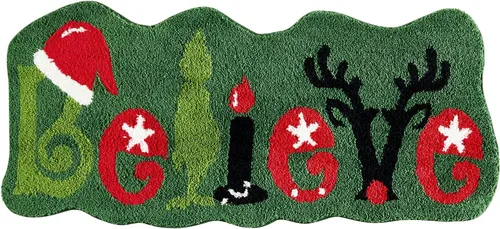 Miniatura 9 de Lindas alfombras navideñas de Ouyattle para baño, tapete antideslizante lavable, verde, con renos de Grinch, divertido tapete de Navidad de 2x3
