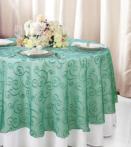 Miniatura 7 de Manteles de organza bordados redondos de 90 pulgadas, manteles de organza para bodas, fiestas, banquetes, eventos, color verde manzana