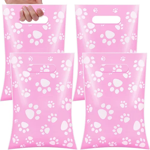 Miniatura 17 de Pasimy 100 bolsas de regalo de pata de perro a granel, diseño de pata de mascota, bolsas de plástico con asa para decoración de fiesta de cumpleaños