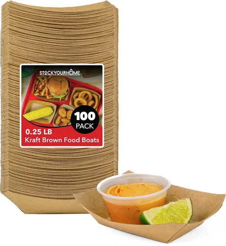 Miniatura 12 de Paquete de 100 bandejas de comida de papel kraft marrón de 2 libras, bote de comida de papel resistente, bandejas desechables para aperitivos