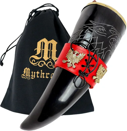 Miniatura 17 de Mythrojan Cuerno vikingo para beber 100% natural, auténtico, decoración de latón, cuerno nórdico con funda de cuero negro, bolsa de lona para vino
